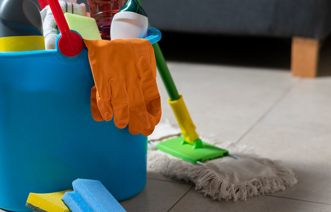 Professional cleaning equipment including mop, bucket and eco-friendly supplies